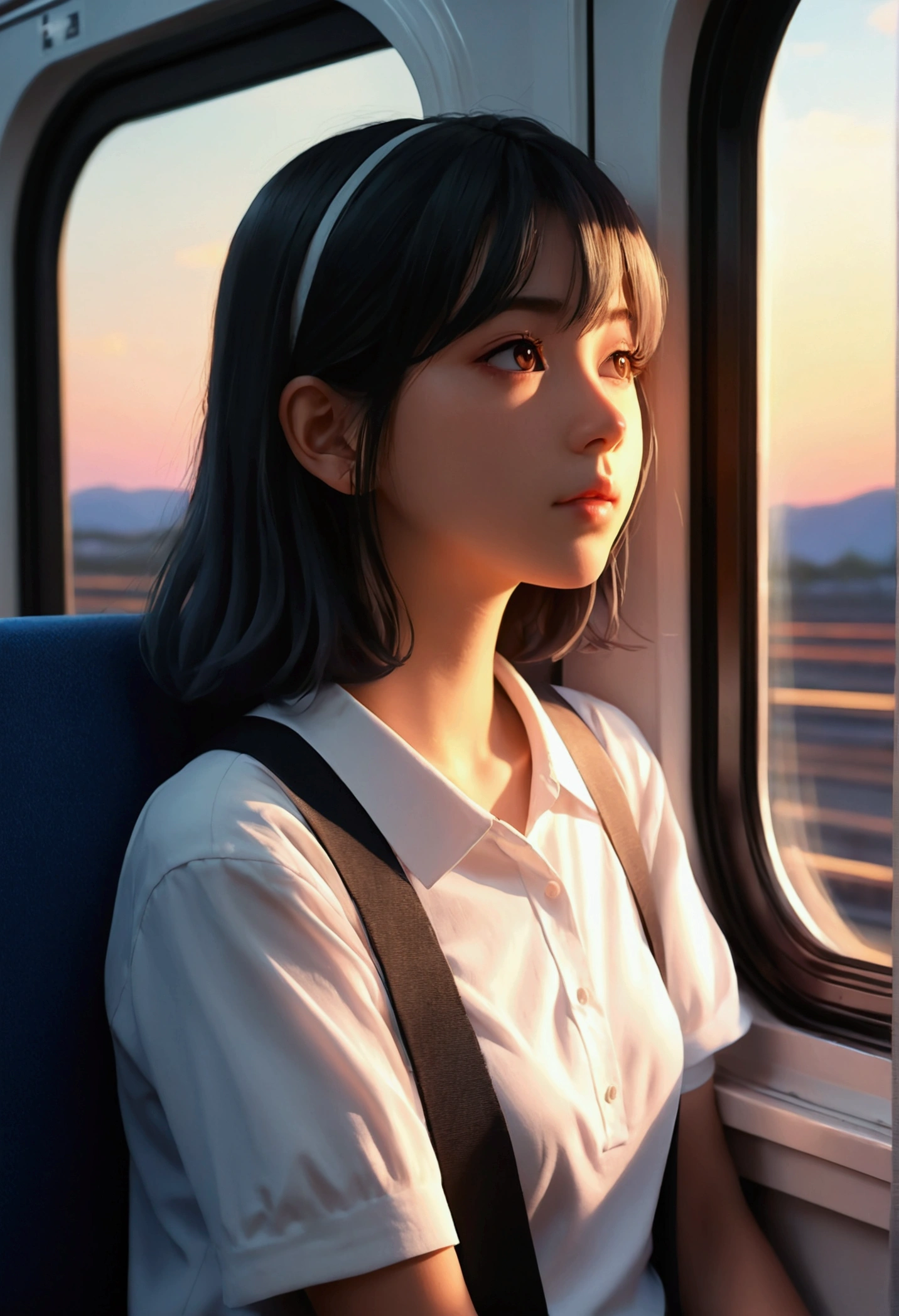 anime girl sitting on a train looking out the window, beautiful animated portrait, lofi portrait at a window, beautiful anime girl, lofi portrait, lofi girl, anime girl portrait, guweiz style artwork, high-quality portrait, with sunset, attractive anime girl, cute anime girl, realistic painting cute girl, animated style. 8k