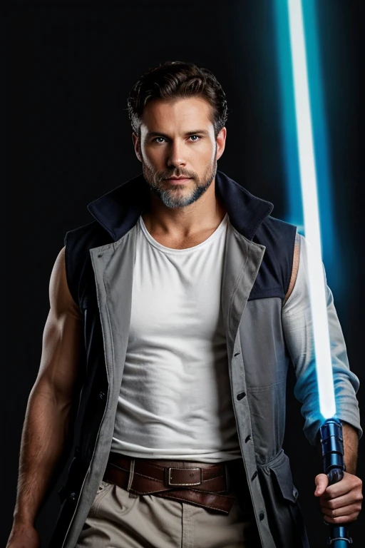 Generates an image of a man of about 35 years old with a strong and confident appearance. It has white skin, deep blue eyes, beard and brown hair with slight gray hair, very messy short. He wears a tight white tank top that shows off his toned muscles., covered by a long black trench coat with sleeves that completely cover her arms, which gives it a mysterious air. He wears gray cargo pants that allow him to move freely.. In one hand he holds a blue lightsaber that emits an intense glow., highlighting his presence as a Jedi warrior. Her expression is flirtatious but reserved..