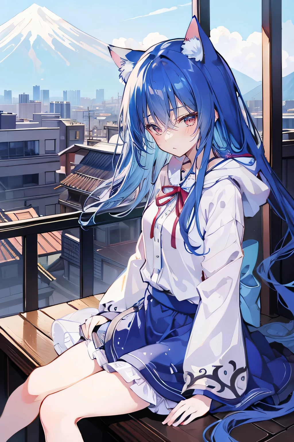 (maSterpiece:1.2),Super detailed,lifelike,ExpreSSive eyeS,fair Skin,perfect face Shape,1 girl,
JapaneSe comicS,GorgeouS blue hair,flowing blue hair,flowing clotheS,Cat earS,PetalS fall,beautiful lola,Baby Angel,The pavilion iS cool and comfortable,Smile, wearing hoodie, background of tokyo,back viewS,Snowing,Sitting on window Sill drinking coffee and looking out.