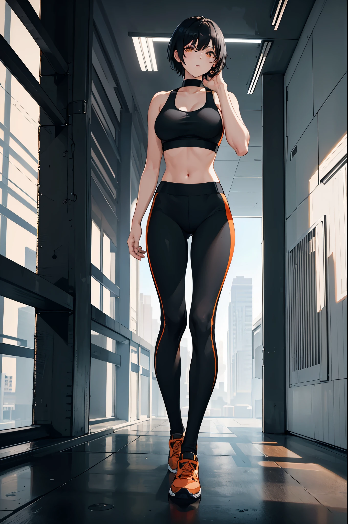 1woman, short black hair, orange eyes, tall, black yoga pants, black sports bra, standing on ground, high res, ultra sharp, 8K, masterpiece