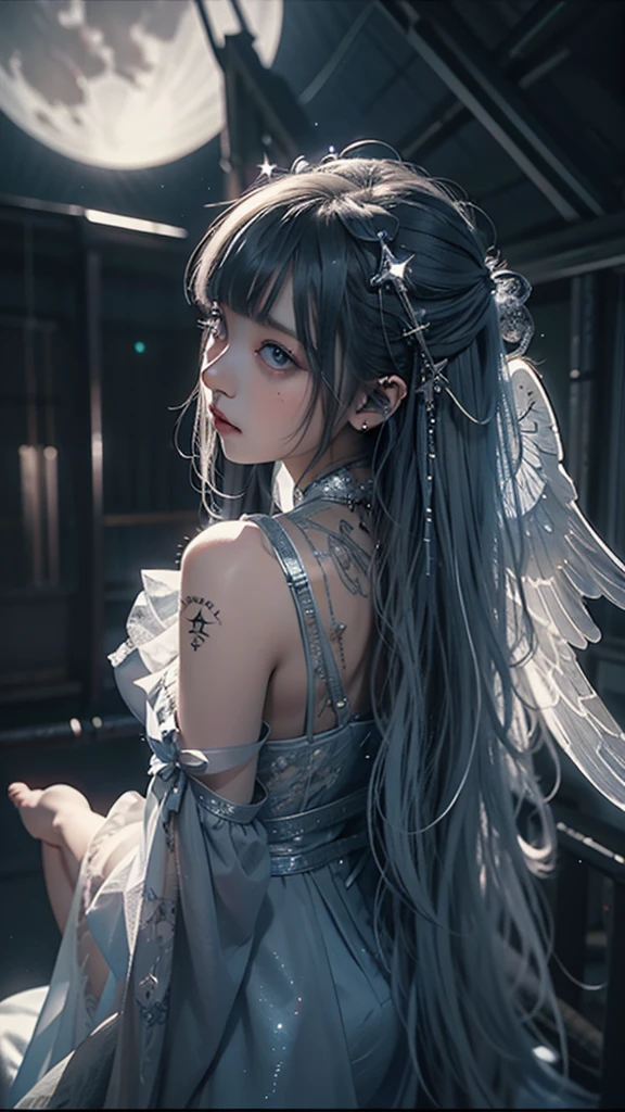 RAW Photos, Realistic, Ultra-realistic, RAW Photos, Realistic, celestial 16-year-old angel girl, large transparent glowing blue glass wings, spreading wide, simple dress, floating in the night sky, beautiful stars and moon, bright blue city lights below, looking up, viewed from above, all elements glowing blue, world-class illustration, award-winning, fantasy illustration, vivid hues, detailed and soft lighting, Highest quality, masterpiece, Ultra-high resolution, 8K, Highest quality, masterpiece, Ultra-high resolution, 8K