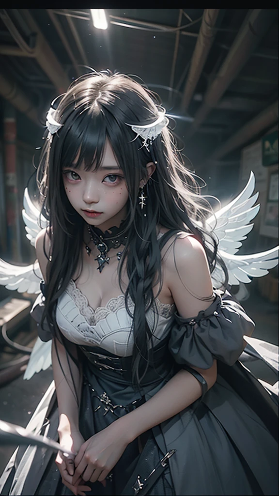RAW Photos, Realistic, Ultra-realistic, RAW Photos, Realistic, celestial 16-year-old angel girl, large transparent glowing blue glass wings, spreading wide, simple dress, floating in the night sky, beautiful stars and moon, bright blue city lights below, looking up, viewed from above, all elements glowing blue, world-class illustration, award-winning, fantasy illustration, vivid hues, detailed and soft lighting, Highest quality, masterpiece, Ultra-high resolution, 8K, Highest quality, masterpiece, Ultra-high resolution, 8K
