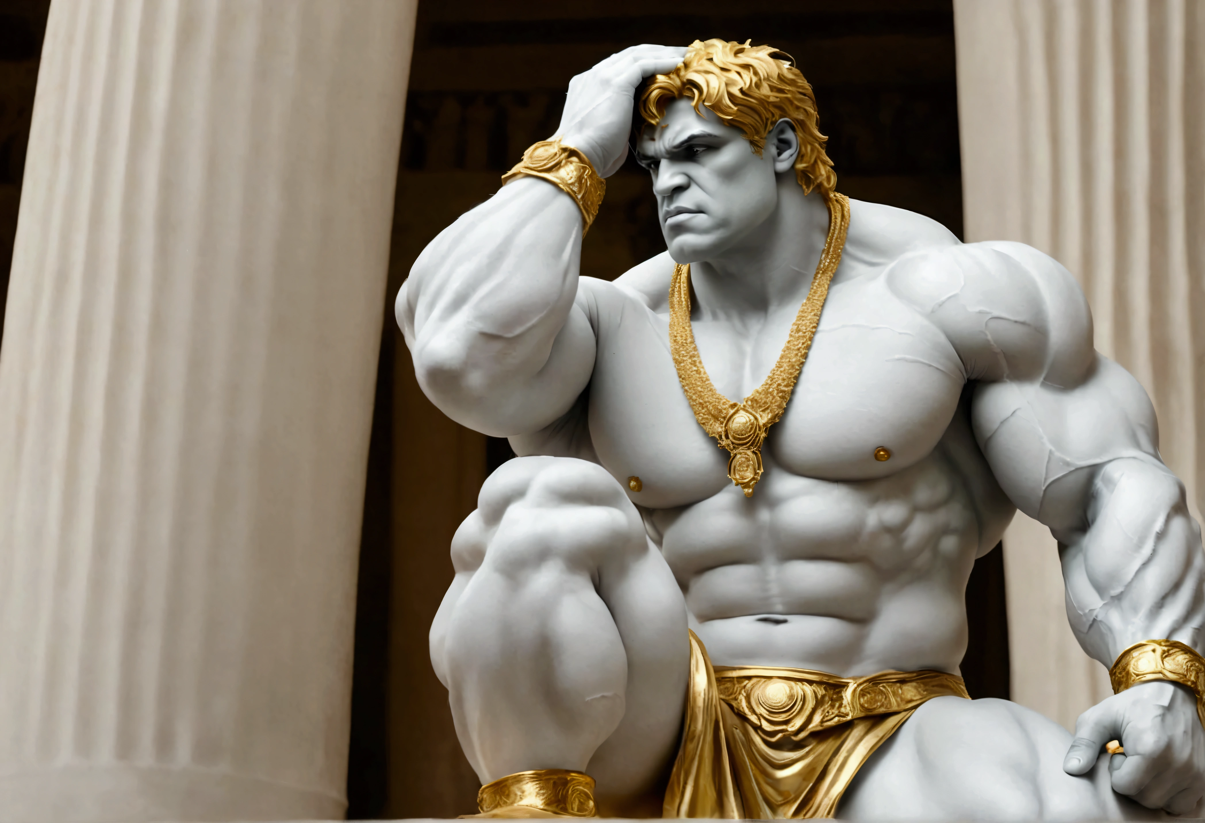 (The incredible hulk, nubile, contemplative stare looking to the heavens, dramatic powerful pose, marble statue, gold paint highlights), Greek temple
