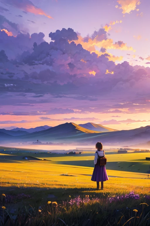 Highest quality、Landscape painting、Standing alone in the vast grassland、At dusk、Light purple sky、Surrealism