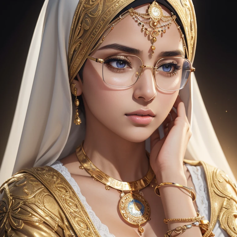 a beautiful hijabi girl, square glasses, tight white cloak, golden indian bangle and bracelet, golden necklace, swiss polo golden watch, adjusting her bra, closed eyes, detailed horny face, 1girl, beautiful detailed eyes, beautiful detailed lips, extremely detailed eyes and face, long eyelashes, illustration, oil painting, 3D rendering, photorealistic, portrait, (best quality,4k,8k,highres,masterpiece:1.2),ultra-detailed,(realistic,photorealistic,photo-realistic:1.37),HDR,UHD,studio lighting,ultra-fine painting,sharp focus,physically-based rendering,extreme detail description,professional,vivid colors,bokeh