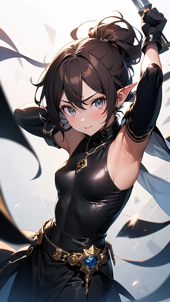 young 18 year old girl, black gloves, elf outfit, warrior, magician, jewelly, lips, focus only, glaze, White background, slightly-smile, holding a short sword, preparing for attack, realisitic, streaked hair, brown hair, long hair, glowing eyes, expressions, confused, アニメ, from behind, Nikon, perspective, uhd, HD, HD, 4K, high quality, super detaill