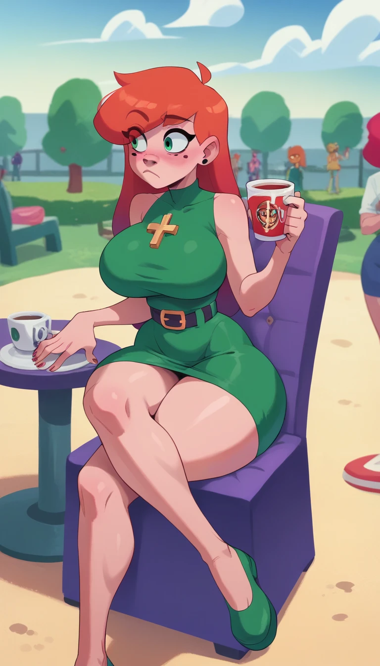 The surreal World of Any Malu:1.3, 2d:1.5, 1woman:1.1, green dress:1.1, Any Malu:1.1,Grinning:1.1,hair orange, huge breasts, fine thighs, Broad Hips, skinny belt, huge ass, fine legs, Thin arms, pointy nose, public, sitting on the chair, cross legs, holding a cup