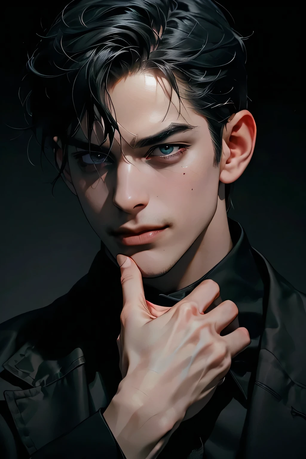 A creepy man, smiling, staring directly at the viewer, detailed face, piercing eyes, sinister expression, dark and moody lighting, horror atmosphere, gloomy background, dramatic shadows, muted color palette, unsettling mood, photorealistic, highly detailed, cinematic lighting, smliing, hand over his chin, laughing like a psycopath.