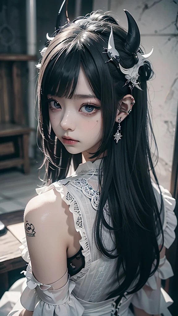 RAW Photos, Realistic, Ultra-realistic, celestial girl, beautiful demon girl, frilled white dress, dark hair, blue highlights, white elegant room, Rococo furniture, simple lines, detailed minimalist style, modern art feel, ornate interior, horns, long blue nails, anime art style, soft light, detailed and soft lighting, Highest quality, masterpiece, Ultra-high resolution, 8K