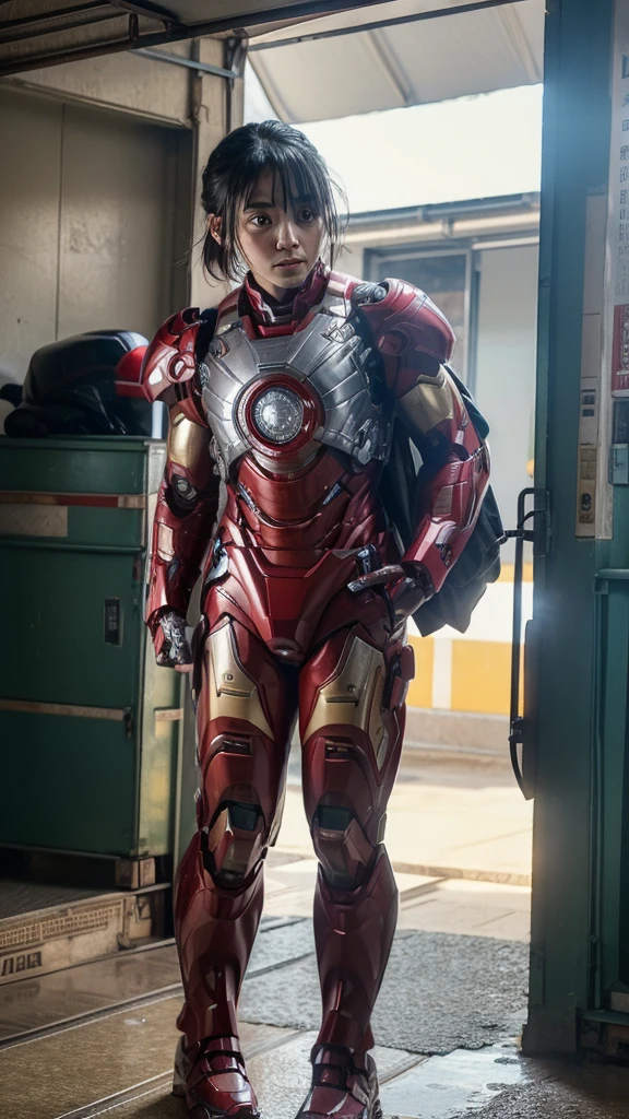 Highest quality　8k Iron Man Suit Girl　Elementary school girl　Sweaty face　cute　short hair　boyish　Steam coming from the head　My hair is wet with sweat　Black hair feel　Full body portrait