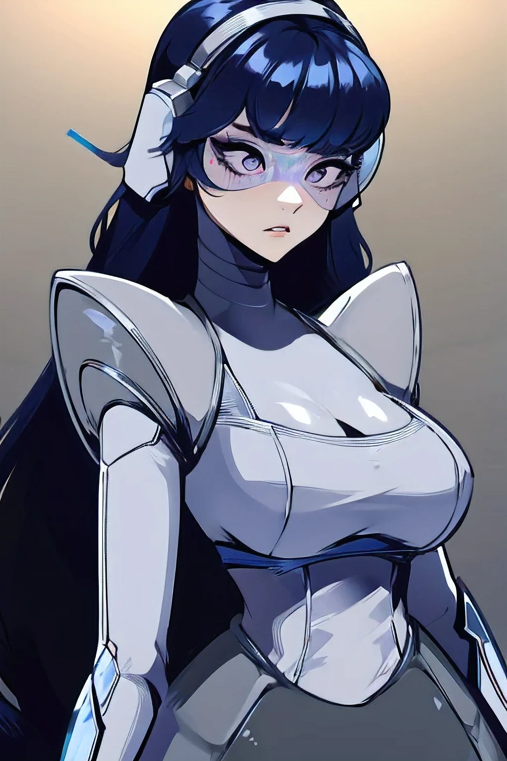 empty eyes,robotized woman ,big bust,Robot Joint ,Metal skin,long hair