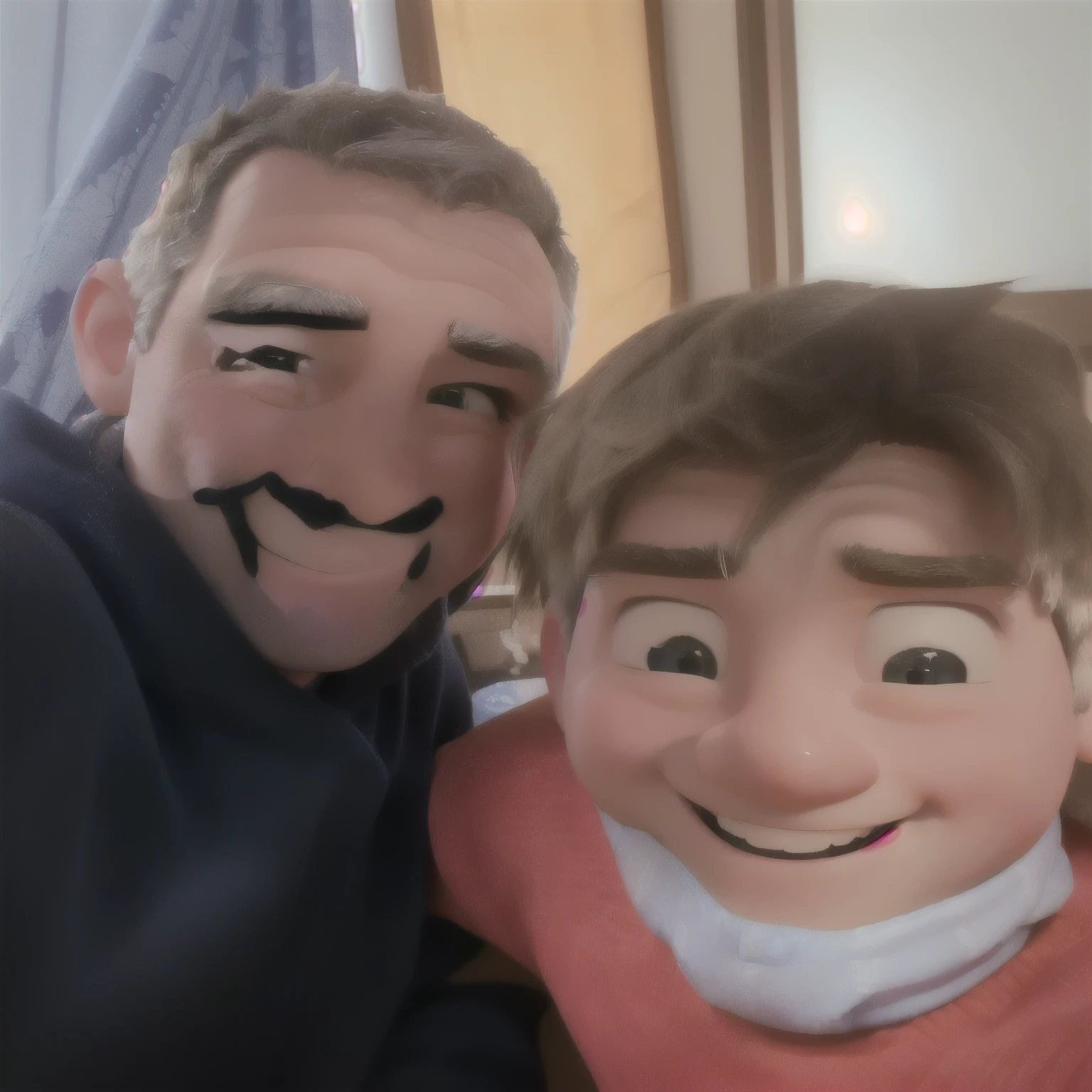 smiling man and  in a room with a blue curtain, with a kid, very very low quality picture, father with , both smiling for the camera, happily smiling at the camera, very silly looking, 8k selfie photograph, selfie, reddit post, having a great time, 4k post, 4 k post, about 3 5 years old, smiling into the camera