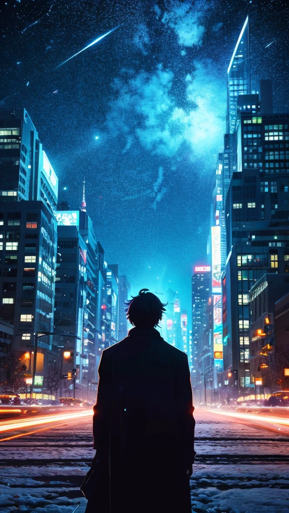 Anime scenery of the city with towers, Man walking on a snowy road, space sky. By: makoto shinkai, beautiful anime scene, makoto shinkai, by Cyril Rolando, Anime background art, beautiful anime landscape, anime art wallpaper 4k, anime art wallpaper 4k, 4k anime wallpaper, anime wallpaper 4k, anime wallpaper 4k, Detail enhancements, Perfect detail processing.