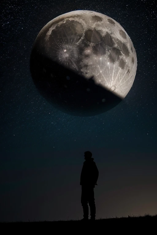 Highest quality,Big moon and shadow,A silhouette of a person can be seen against the backdrop of a large moon.,There is one full moon,There is a mood,Beautiful scenery,Starry Sky