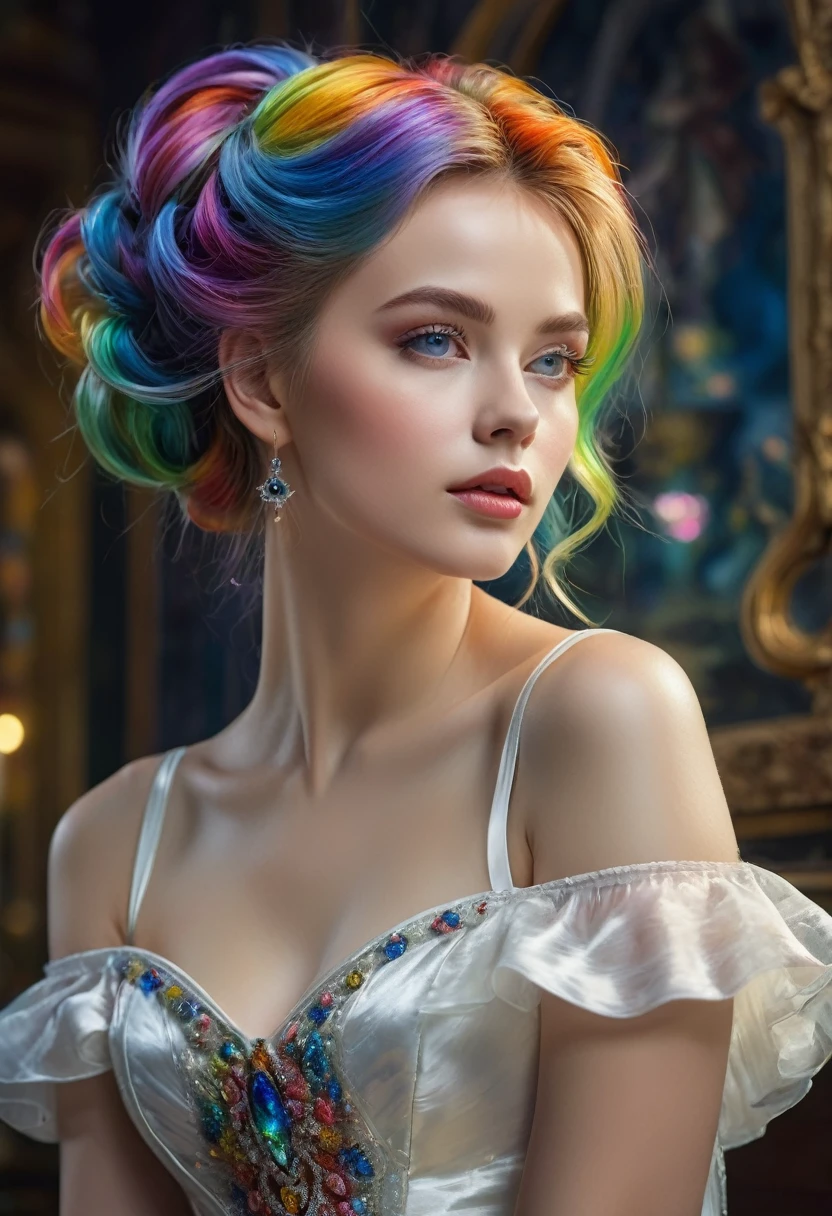 fullbody, (Fashion Model), pov, straight-on, Under the lighting of the studio, a delicate portrait of a woman stands out in front of me. She has dreamy and colorful hair, agile and profound eyes, sitting on a retro style leather sofa surrounded by carefully arranged props and background cloth. Her face is elegant and three-dimensional, her figure is natural, and her eyes look into the distance, full of artistic and mysterious feelings, as if it is a profound interpretation of beauty, life, and soul,photography studio, female portrait, colorful hair, vivid eyes, retro style, leather sofa, props, background cloth, purple, blue, orange, pink, gold, silky, flexible, iris, lashes, curved, lips, red, full, upturned corners, nose, bridge, elegant, natural, gaze, distant, artistic, mysterious, beauty, life, soul