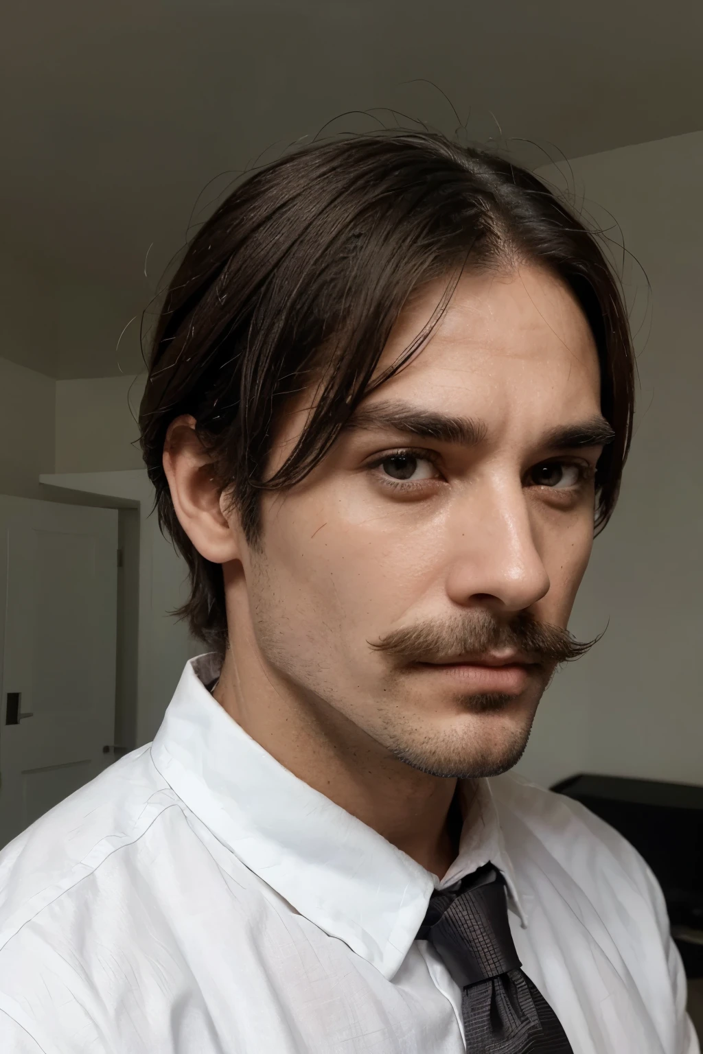 A 40-year-old man with a face with a tired and almost empty look , His eyes are long and sharp, long eyebrows, not very bushy. , his face is long and somewhat defined, He has a scar in a cut line that goes from his nose to the left side of his face at the level of his cheekbones. , His nose is manly and his lips are thin , He has a half-grown beard and mustache, he wears a white shirt with a tie, If her hair is black and messy, it reaches her shoulders, her hairstyle is a fringe that goes to each side and there are two strands in the middle, one slightly longer than the other.