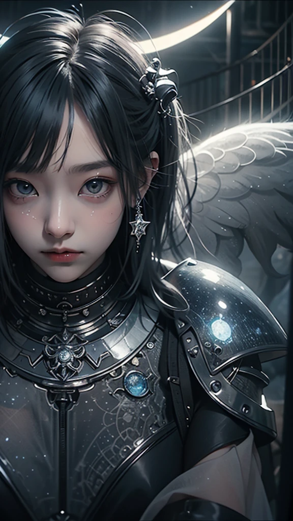 RAW Photos, Realistic, Ultra-realistic, RAW Photos, Realistic, celestial 16-year-old angel girl, large transparent glowing blue glass wings, spreading wide, simple dress, floating in the night sky, beautiful stars and moon, bright blue city lights below, looking up, viewed from above, all elements glowing blue, world-class illustration, award-winning, fantasy illustration, vivid hues, detailed and soft lighting, Highest quality, masterpiece, Ultra-high resolution, 8K, Highest quality, masterpiece, Ultra-high resolution, 8K