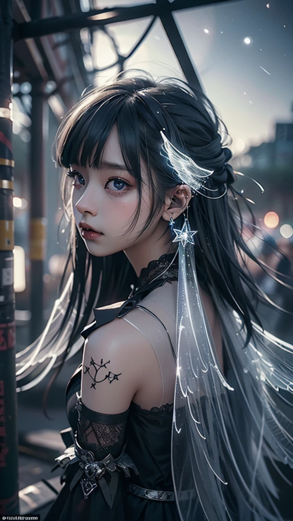 RAW Photos, Realistic, Ultra-realistic, RAW Photos, Realistic, celestial 16-year-old angel girl, large transparent glowing blue glass wings, spreading wide, simple dress, floating in the night sky, beautiful stars and moon, bright blue city lights below, looking up, viewed from above, all elements glowing blue, world-class illustration, award-winning, fantasy illustration, vivid hues, detailed and soft lighting, Highest quality, masterpiece, Ultra-high resolution, 8K, Highest quality, masterpiece, Ultra-high resolution, 8K