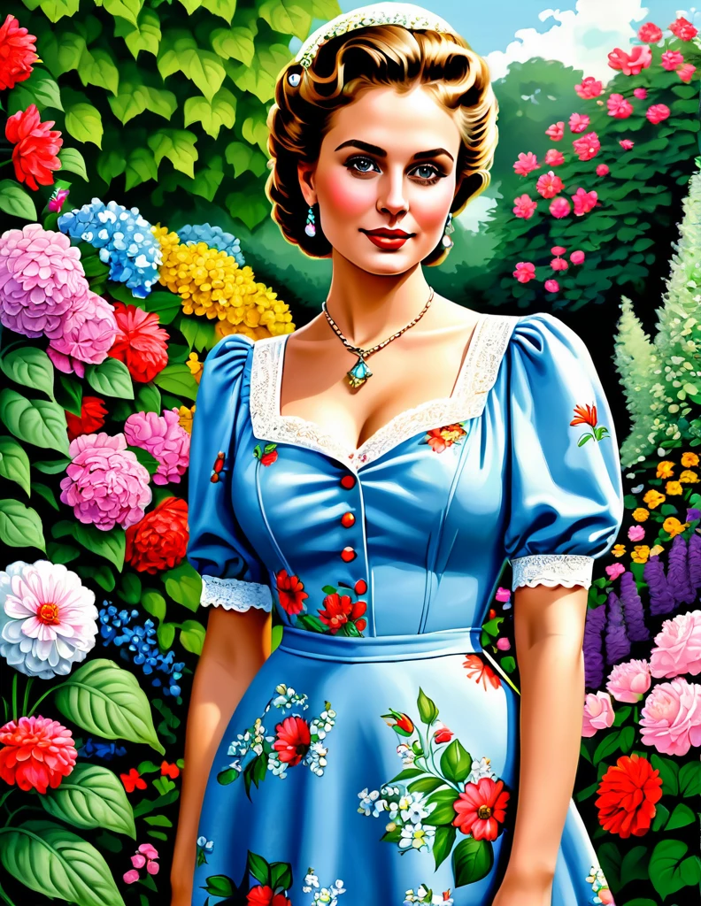 A Portrait of a 24 yo Beautiful Woman [Elizabeth II:Maude Adams:0.45] donning Victorial Casual Dress, she is in her backyard garden with lush vibrant flowers, insanely detailed and intri garden, A Don Lawrence Style Illustration