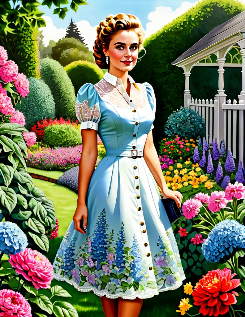 A Portrait of a 24 yo Beautiful Woman [Elizabeth II:Maude Adams:0.45] donning Victorial Casual Dress, she is in her backyard garden with lush vibrant flowers, insanely detailed and intri garden, A Don Lawrence Style Illustration