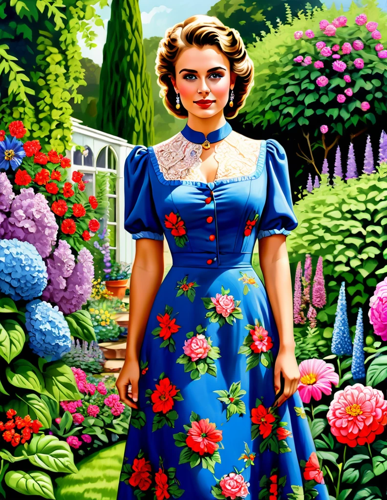 A Portrait of a 24 yo Beautiful Woman [Elizabeth II:Maude Adams:0.45] donning Victorial Casual Dress, she is in her backyard garden with lush vibrant flowers, insanely detailed and intri garden, A Don Lawrence Style Illustration