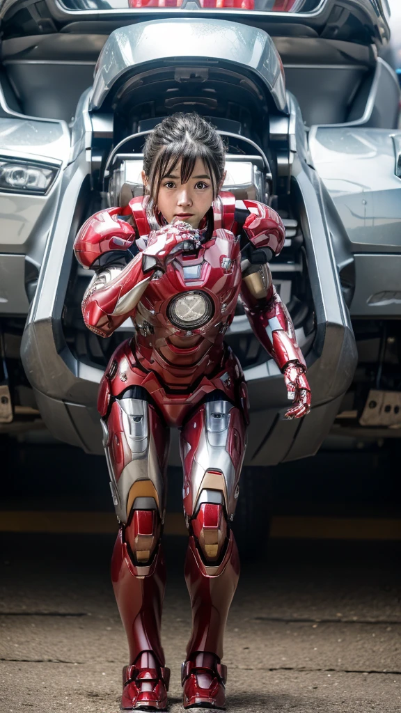 Highest quality 8k Iron Man Suit Girl Elementary school girl Sweaty face cute short hair boyish Steam coming from the head My hair is wet with sweat Black hair feel Full body portrait