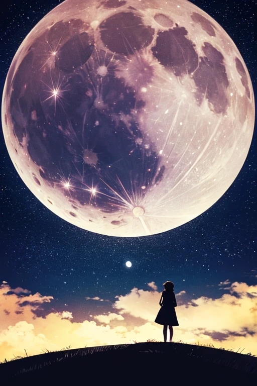 Highest quality,Big moon and shadow,A silhouette of a person can be seen against the backdrop of a large moon.,There is one full moon,There is a mood,Beautiful scenery,Starry Sky