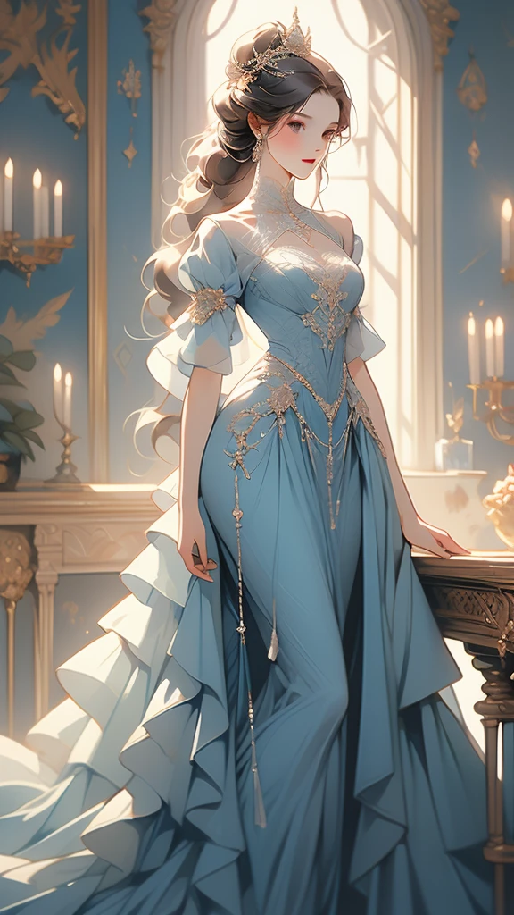 a painting of a woman in a blue dress standing on a ledge, victorian blue dress, intricate victorian dress, in victorian aristocrat, a beautiful victorian woman, fantasy victorian art, dressed beautiful gown, beautiful detailed elegant, victorian dress, beautiful detail and color, elegant. highly detailed, beautiful flowing fabric, beautiful maiden, intricate and elegant, victorian lady, beautiful gown