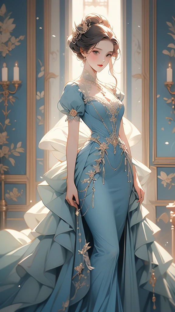 a painting of a woman in a blue dress standing on a ledge, a fine art painting by Louise Catherine Breslau, trending on cgsociety, fantasy art, victorian blue dress, intricate victorian dress, in victorian aristocrat, a beautiful victorian woman, fantasy victorian art, dressed beautiful gown, beautiful detailed elegant, victorian dress, beautiful detail and color