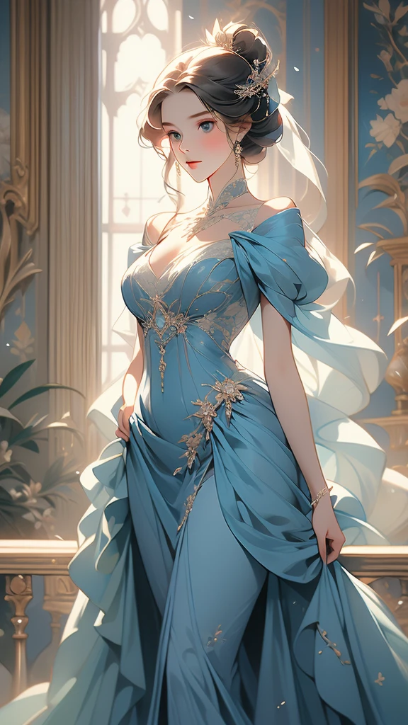 a painting of a woman in a blue dress standing on a ledge, victorian blue dress, intricate victorian dress, in victorian aristocrat, a beautiful victorian woman, fantasy victorian art, dressed beautiful gown, beautiful detailed elegant, victorian dress, beautiful detail and color, elegant. highly detailed, beautiful flowing fabric, beautiful maiden, intricate and elegant, victorian lady, beautiful gown