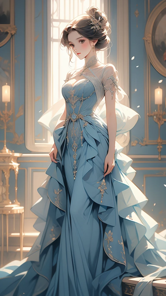 a painting of a woman in a blue dress standing on a ledge, a fine art painting by Louise Catherine Breslau, trending on cgsociety, fantasy art, victorian blue dress, intricate victorian dress, in victorian aristocrat, a beautiful victorian woman, fantasy victorian art, dressed beautiful gown, beautiful detailed elegant, victorian dress, beautiful detail and color