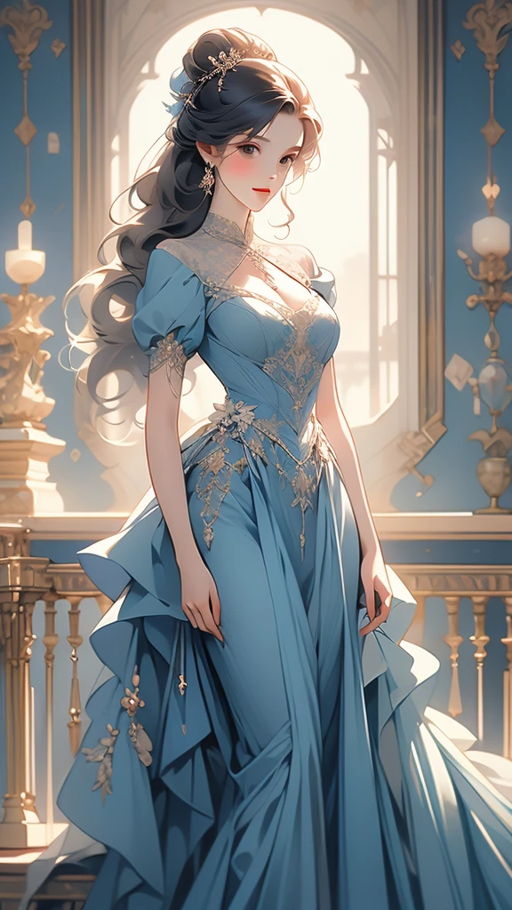 mixed race woman, medium breasts, curly hair, fleshy lips, wear a sublime slipper dress blue dress