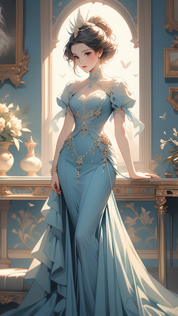 a painting of a woman in a blue dress standing on a ledge, a fine art painting by Louise Catherine Breslau, trending on cgsociety, fantasy art, victorian blue dress, intricate victorian dress, in victorian aristocrat, a beautiful victorian woman, fantasy victorian art, dressed beautiful gown, beautiful detailed elegant, victorian dress, beautiful detail and color