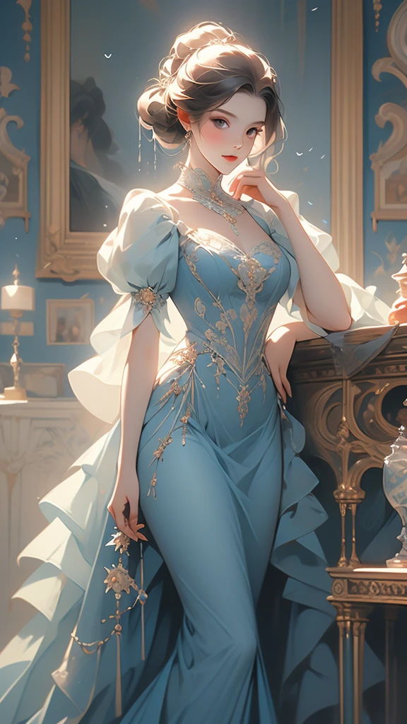 a painting of a woman in a blue dress standing on a ledge, a fine art painting by Louise Catherine Breslau, trending on cgsociety, fantasy art, victorian blue dress, intricate victorian dress, in victorian aristocrat, a beautiful victorian woman, fantasy victorian art, dressed beautiful gown, beautiful detailed elegant, victorian dress, beautiful detail and color