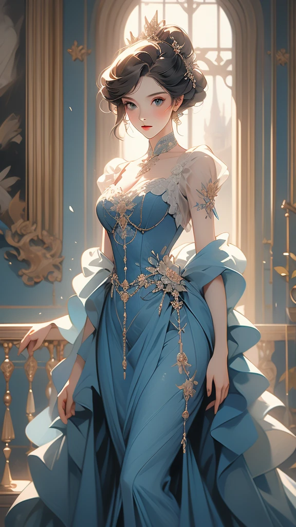 a painting of a woman in a blue dress standing on a ledge, a fine art painting by Louise Catherine Breslau, trending on cgsociety, fantasy art, victorian blue dress, intricate victorian dress, in victorian aristocrat, a beautiful victorian woman, fantasy victorian art, dressed beautiful gown, beautiful detailed elegant, victorian dress, beautiful detail and color