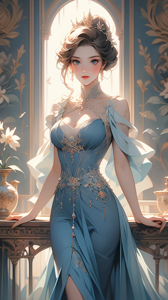 a painting of a woman in a blue dress standing on a ledge, a fine art painting by Louise Catherine Breslau, trending on cgsociety, fantasy art, victorian blue dress, intricate victorian dress, in victorian aristocrat, a beautiful victorian woman, fantasy victorian art, dressed beautiful gown, beautiful detailed elegant, victorian dress, beautiful detail and color