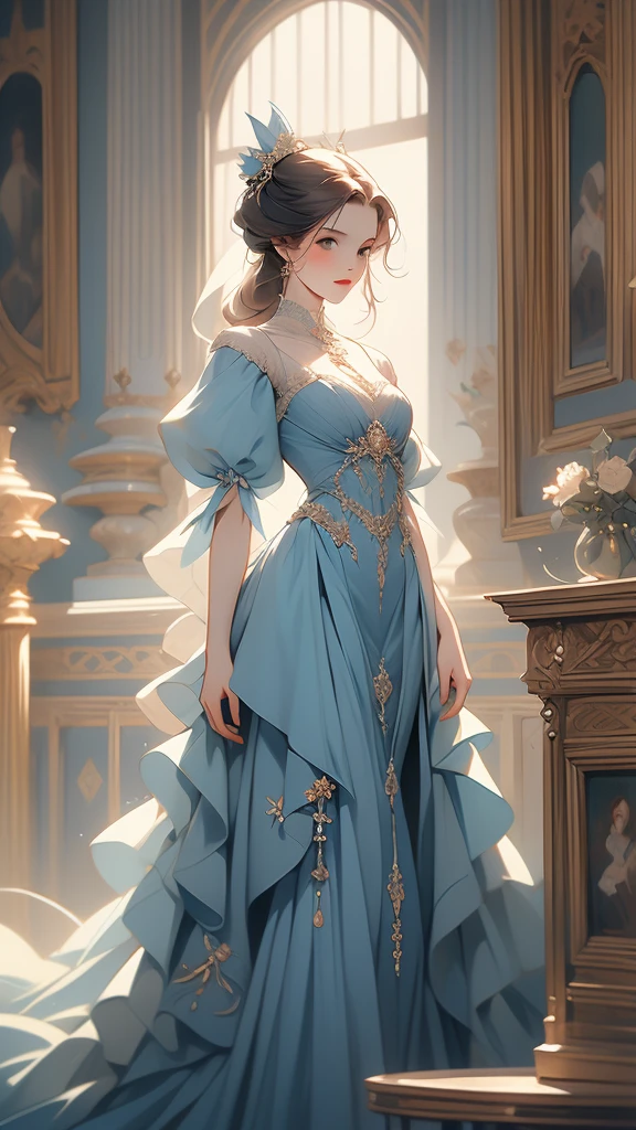 a painting of a woman in a blue dress standing on a ledge, a fine art painting by Louise Catherine Breslau, trending on cgsociety, fantasy art, victorian blue dress, intricate victorian dress, in victorian aristocrat, a beautiful victorian woman, fantasy victorian art, dressed beautiful gown, beautiful detailed elegant, victorian dress, beautiful detail and color