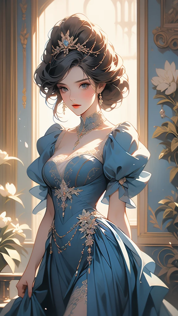 a painting of a woman in a blue dress standing on a ledge, a fine art painting by Louise Catherine Breslau, trending on cgsociety, fantasy art, victorian blue dress, intricate victorian dress, in victorian aristocrat, a beautiful victorian woman, fantasy victorian art, dressed beautiful gown, beautiful detailed elegant, victorian dress, beautiful detail and color
