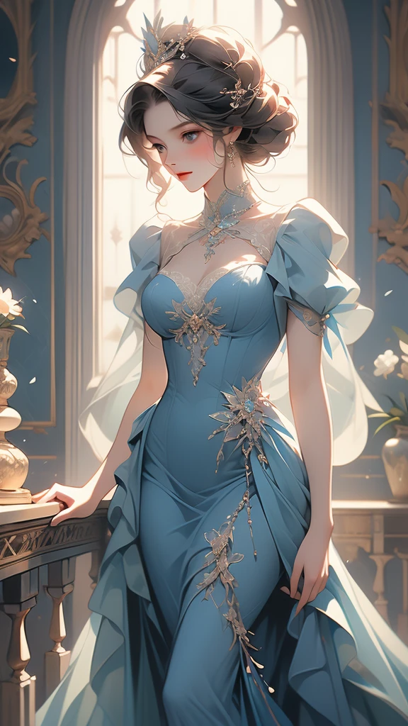 a painting of a woman in a blue dress standing on a ledge, a fine art painting by Louise Catherine Breslau, trending on cgsociety, fantasy art, victorian blue dress, intricate victorian dress, in victorian aristocrat, a beautiful victorian woman, fantasy victorian art, dressed beautiful gown, beautiful detailed elegant, victorian dress, beautiful detail and color