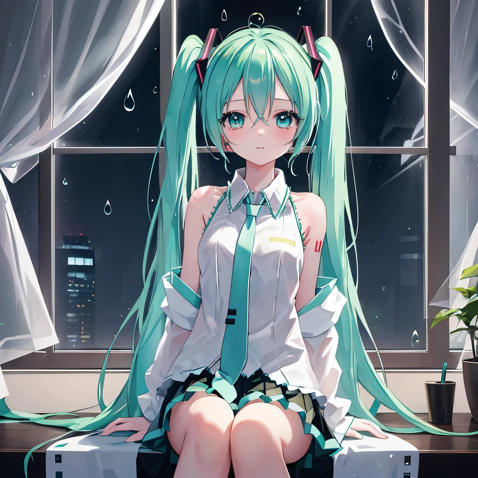 hatsune miku, A vibrant and captivating virtual idol, Sitting quietly by the window in the middle of the night、It's raining heavily outside。. The room is bathed in the magical glow of moonlight., Illuminates every intricate detail of her figure with exquisite precision and beauty. Her halo-like pigtails, Made of shiny blue pigtails, Elegantly woven into soft silver braids, cascading down to her waist.
Her details, Beautiful eyes、Shining brightly in a dimly lit room、It emits a brilliance that seems out of this world.。. Raindrops hitting the window create a dynamic contrast、