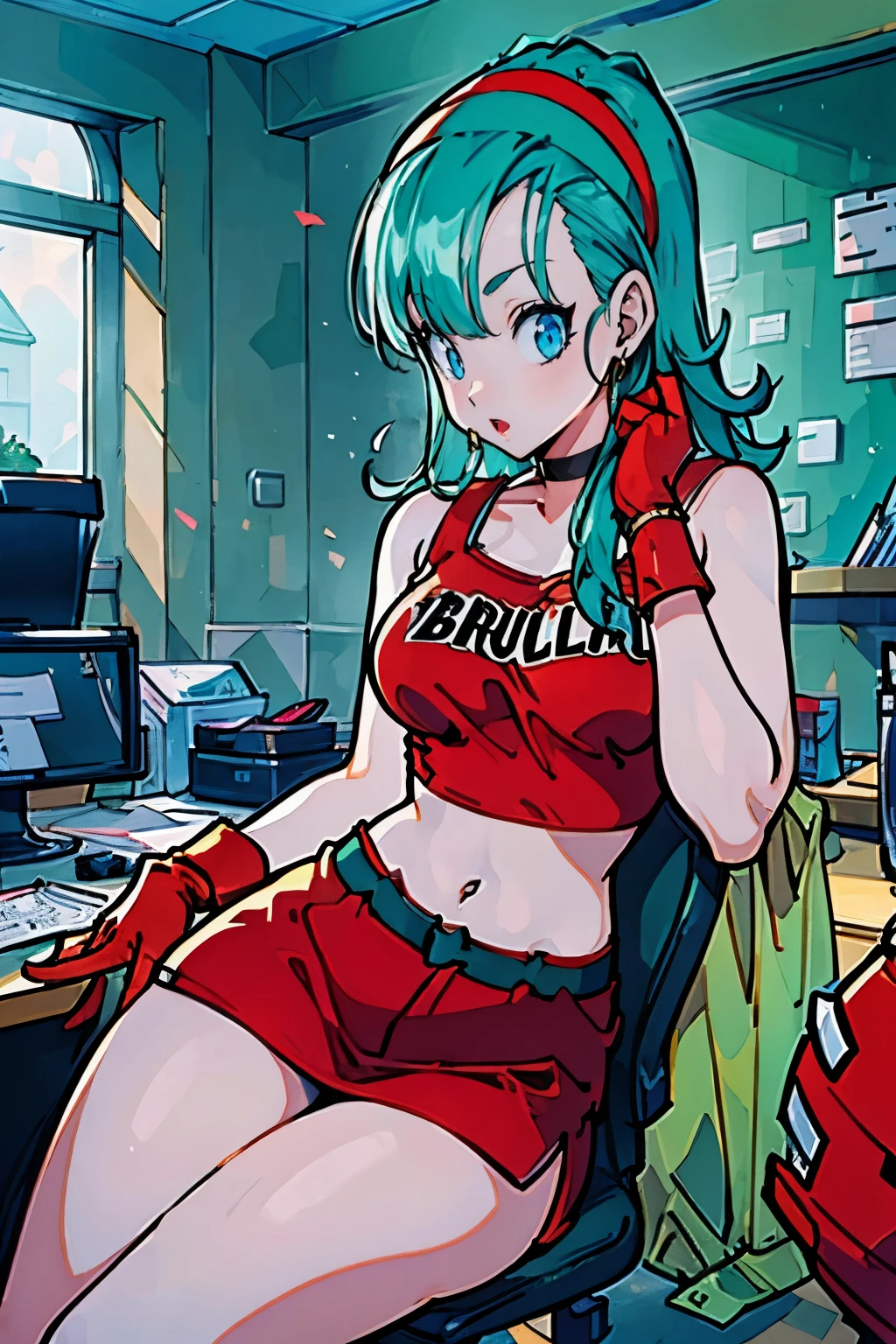 masterpiece, best quality, highest quality, photorealistic, perfect anatomy, perfect face, perfect eyes, aqua hair, brabulladbgt, red hairband, red gloves, red crop top, blue eyes, skirt, hoop earrings, choker, 1girl, Sitting on an office chair, office, sexy pose