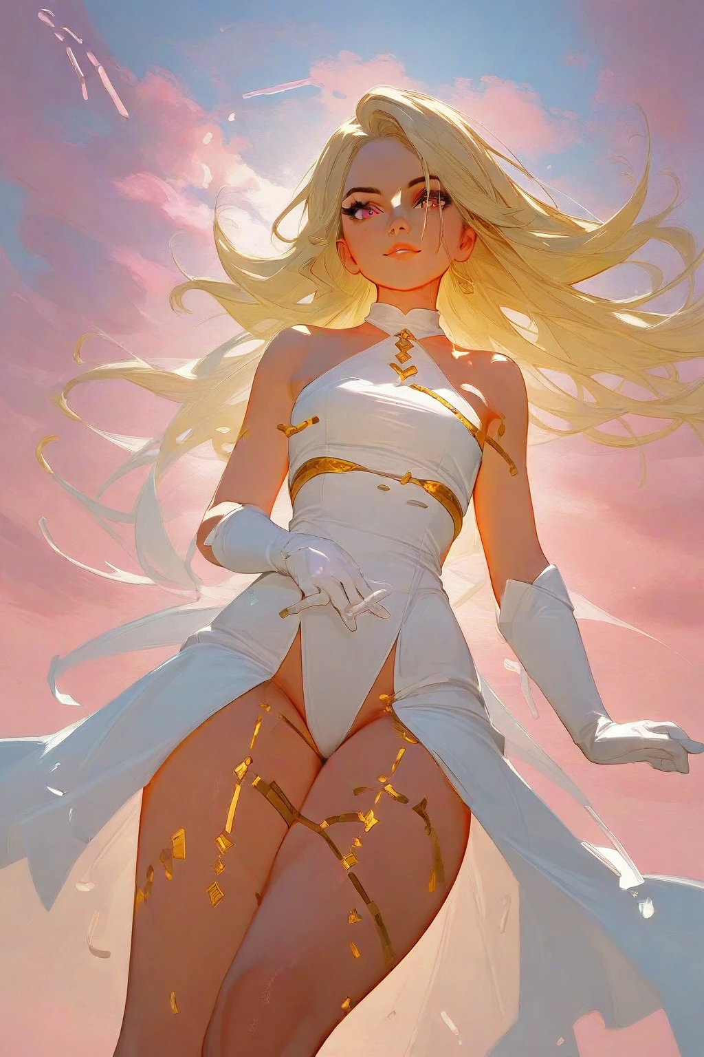 Female Archer,White gloves,blonde,Disdainful look,Black and gold top,Fair skin,White thighs,Pink sunset background,Ultra HD 4k,high quality