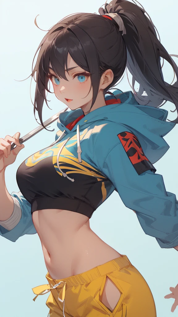 Kitana from Mortal Kombat 1, Make her face Arknights style looks like face, sharp slanted eyes, tounge out,tounge,Ponytail dark hair, shoulder long hair,the outfit are dark blue street wear colour,crop top oversized hoodie + cargo shortpants street wear, holding chinese traditional fan and blade, 1girl, soft blue one colour background