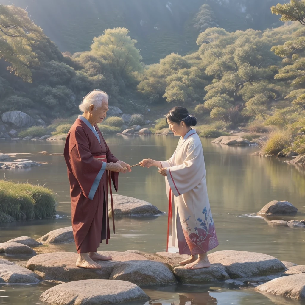 A serene Japanese river landscape with Mount Hii in the background. In the foreground, the divine figure Susanoo, depicted as a noble warrior in ancient Japanese attire, stands near the riverbank. Wooden chopsticks are visible floating on the river's surface. Further upstream, an elderly couple in traditional Japanese clothing of the mythical era is seen. The old man, 'Foot Stroking Elder,' is gently stroking his foot, while the old woman, 'Hand Stroking Elder,' is delicately caressing her hand. The scene is bathed in a soft, ethereal light, suggesting the meeting of the divine and mortal realms. Style: A blend of traditional Japanese art and fantasy illustration