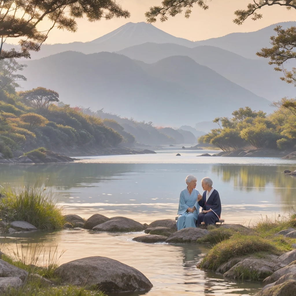A serene Japanese river landscape with Mount Hii in the background. In the foreground, the divine figure Susanoo, depicted as a noble warrior in ancient Japanese attire, stands near the riverbank. Wooden chopsticks are visible floating on the river's surface. Further upstream, an elderly couple in traditional Japanese clothing of the mythical era is seen. The old man, 'Foot Stroking Elder,' is gently stroking his foot, while the old woman, 'Hand Stroking Elder,' is delicately caressing her hand. The scene is bathed in a soft, ethereal light, suggesting the meeting of the divine and mortal realms. Style: A blend of traditional Japanese art and fantasy illustration