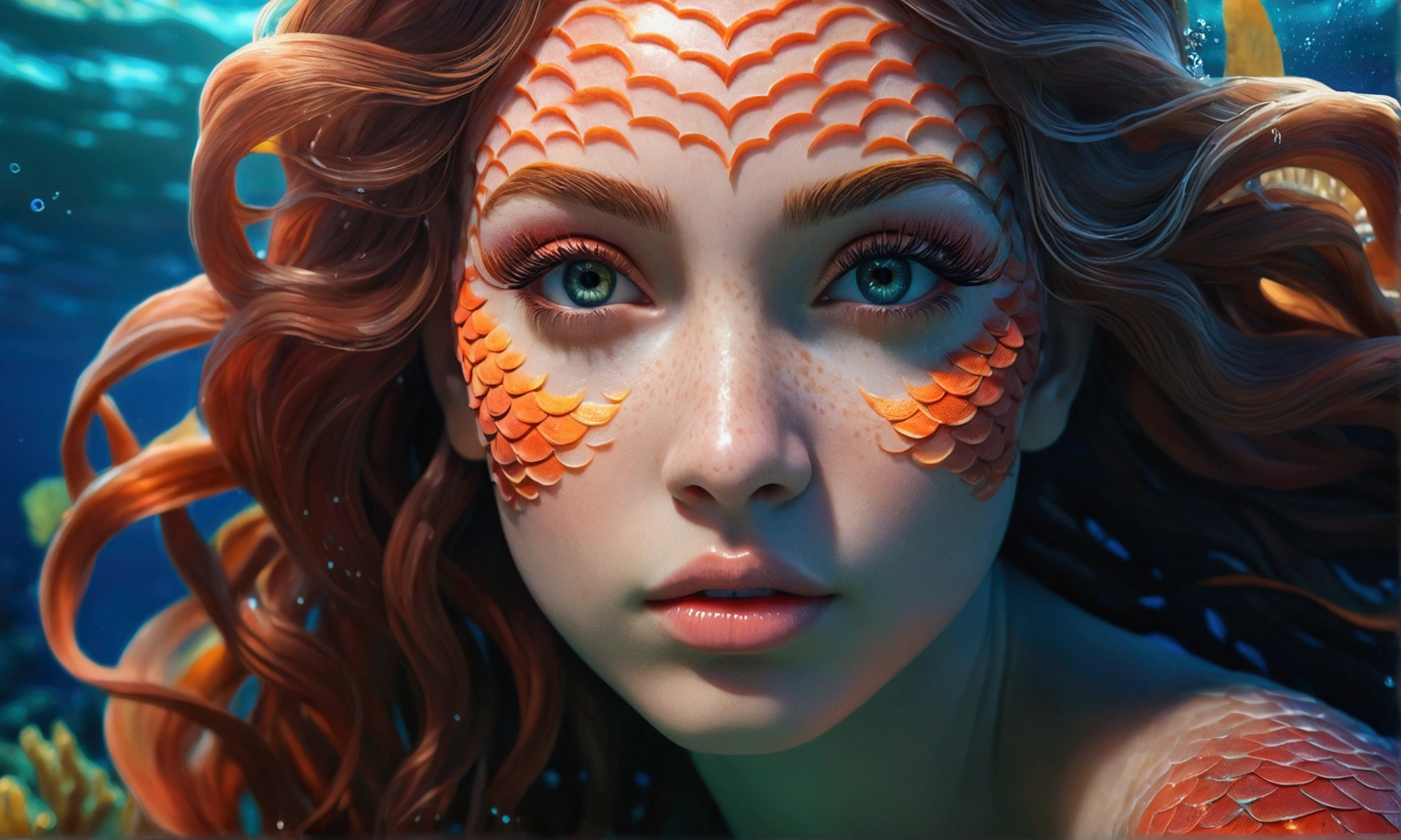 a mermaid with beautiful detailed eyes, extremely detailed face, long eyelashes, flowing hair, enchanting expression, alluring and captivating presence, photorealistic, 8k, high quality, hyper detailed, realistic skin textures, intricate scales, vibrant colors, cinematic lighting, underwater scene, coral reef, ocean backdrop