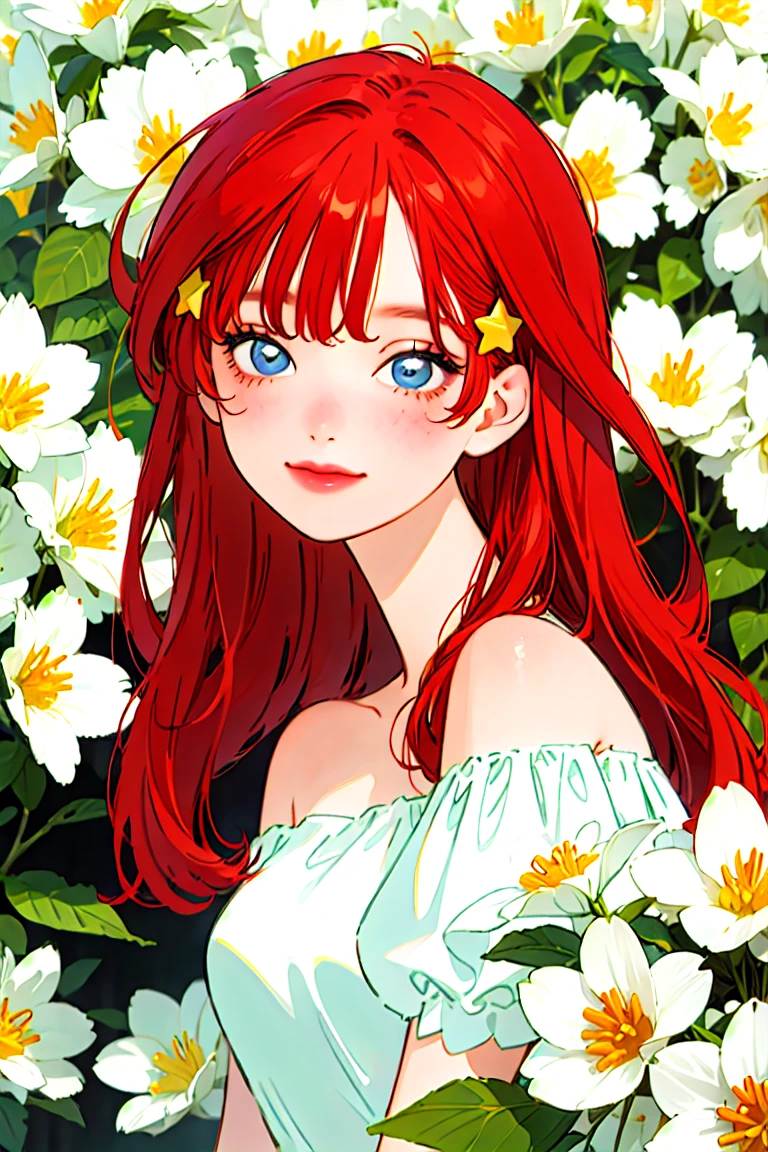 Best quality, masterpiece, ultra high res, (photorealistic:1.4), raw photo, 1girl, white dress, off shoulder, blossom flower field, glowing skin, light smile, itsuki nakano, red hair, shoulder length orange hair, blue eyes, star hairclips