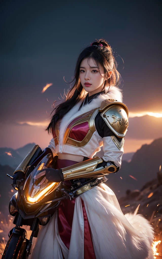 CG ，Light orange full set of thick mechs，huge，, Practical secret girl rendering, 一位亚洲女孩的面部detail, Reality in the secret world, Smooth CG Art, Practical. cheng yi, Practical secret style, Lovely secret rendering, 8K portrait rendering, Render character art 8 K, Kawaii realistic portrait，Gold and black brocade white rabbit fur chest protector，Fuchsia pink diamond, Tulle Burgundy Diamond Shin Guards((Ultra-realistic details.Mechanical Girl)Mink Cotton Suit Machinery，Bright blue and white feather gold shoulder pads，下Tailfire虎女道士，Tailfire，Tattoo，Genius ratio，Silicone texture，Short bright purple hair，3D Modeling，4K,8K,16K Smooth (masterpiece, Top quality, best quality, Official Art, Beauty and aesthetics: 1.2), Very detailed, rich and colorful, Most detailed, Branches,Mechanical Girl, （Marz）Mechanical Girl（canyon）， （Linen Future Mecha Girl）， Angry fighting stance， Looking at the ground， Batik Linen Headscarf， Crane pattern long sleeve top，机甲少女canyon（Abstract acrylic splash：1.2）， Dark Clouds Lightning Background，Sprinkle with golden mech girl powder（Realistically：1.4），Black hair，Flour flying，Rainbow Background， high resolution， detail， RAW photos， Sharp Reinsurance， Nikon D850 Film Stock Photos，AuthorJefferies Lee 4 Kodak Portra 400 Camera F1.6 Guns, Rich colors, Ultra-realistic textures, Dramatic Lighting, Unreal Engine Art Station Trends, Sinester 800，Flowing black hair,（（（Red and white mech girl）））