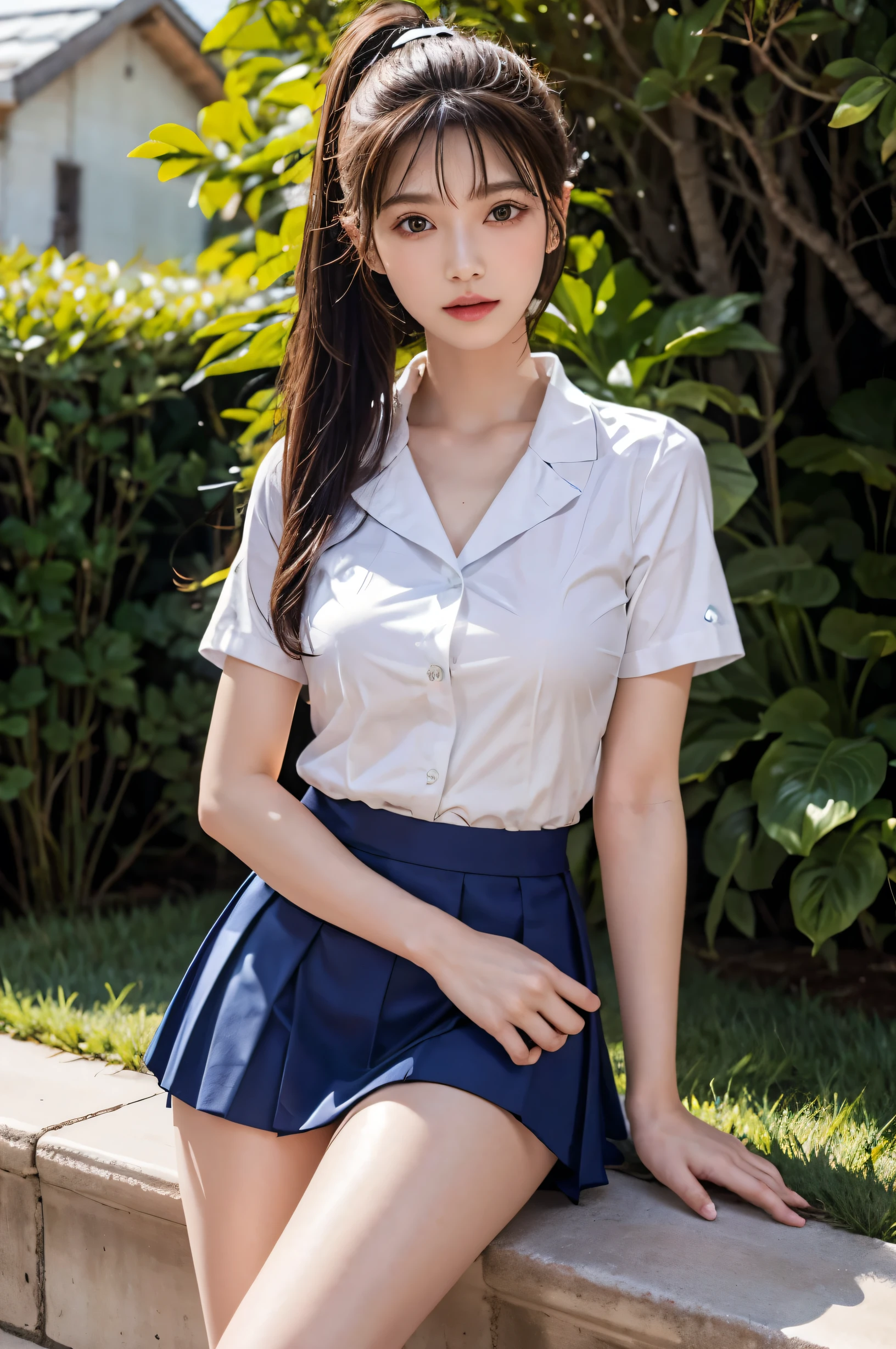 (Ultra HD), (Sailor suit:1.4, White short sleeve shirt, Navy blue mini skirt), Big Breasts, slender, whole body, Standing posture, (Clean and shiny skin, Whitening, No makeup), (Super slim face, Super beautiful face), (Light Brown Ponytail, Layered Cut, Fluffy hair), (double eyelid, Slanted Eyes), Small Nose, Thin lips, Thin legs, Garden