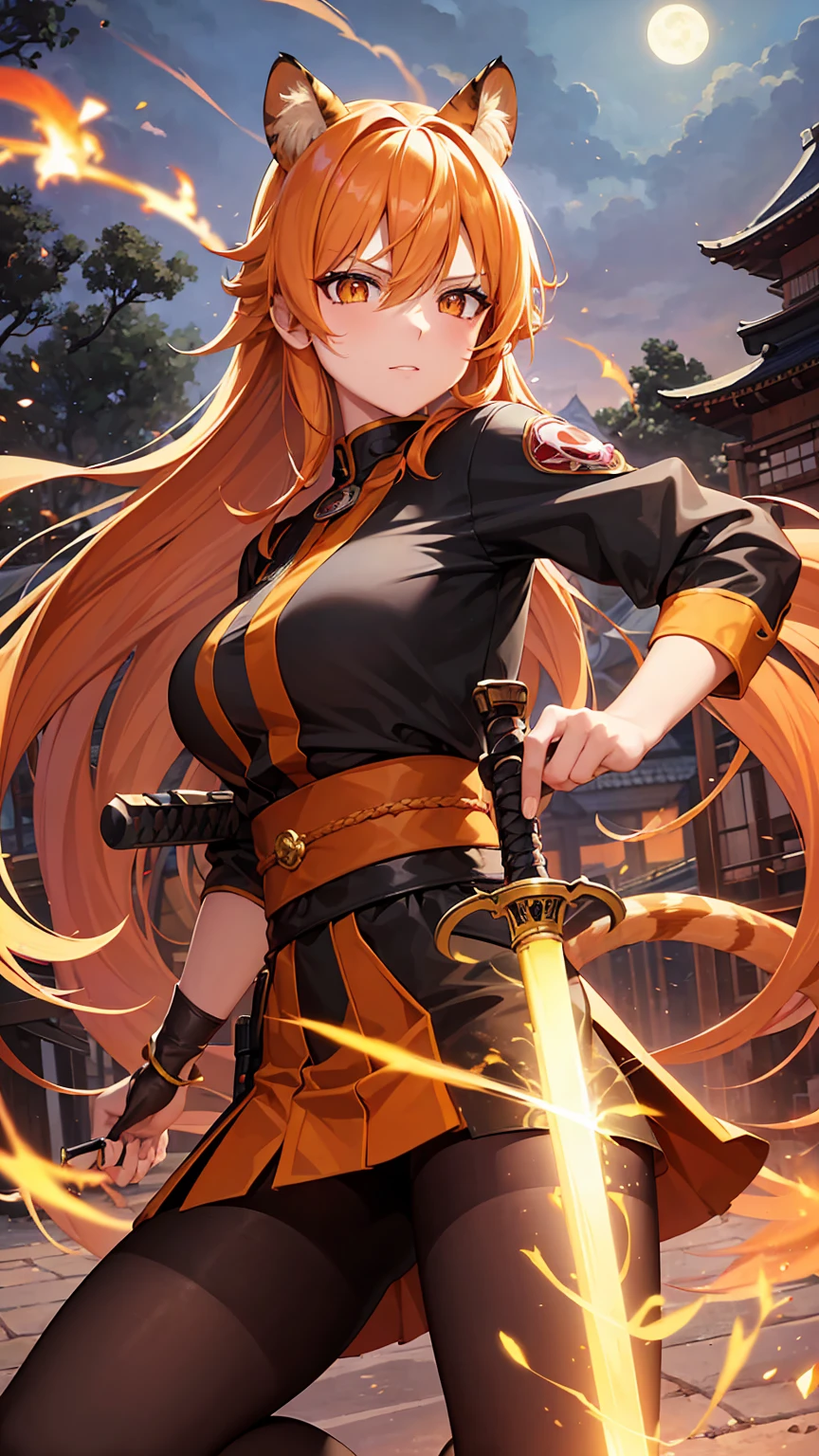 (masterpiece), best quality, expressive eyes, perfect face, details, solo, tiger girl, tiger tail, tiger ears, orange hair, long hair, bushy hair, orange eyes, assassin outfit, assassin mask, holding a sword, lightning sparks, spark of light, blood, city, japan, village, cherry blossom trees, night, moon